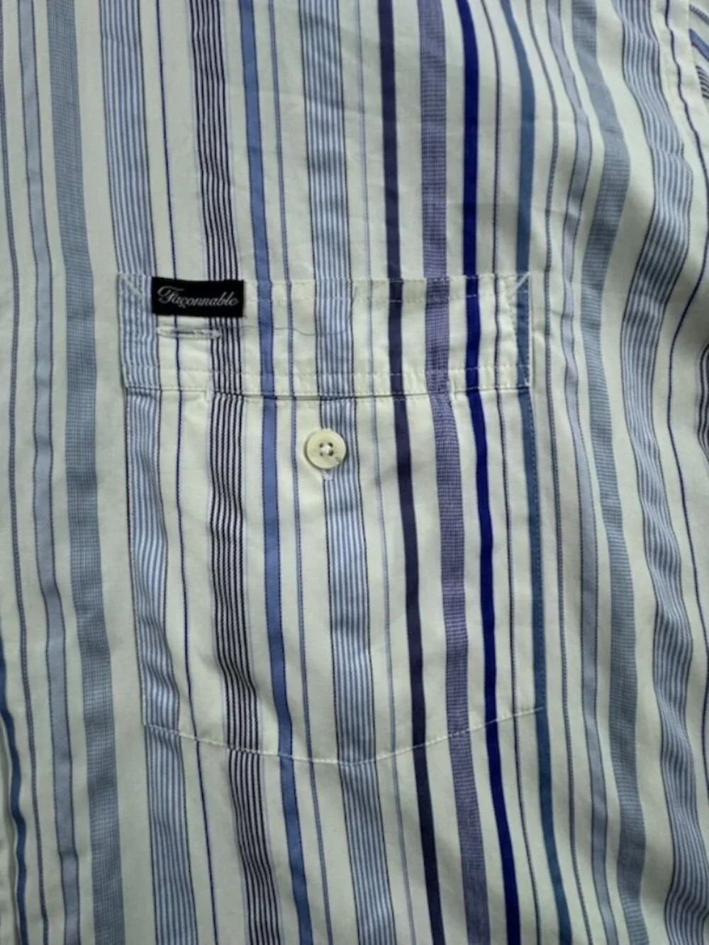 Faconnable Blue White Button-Down Striped Logo Medium Shirt Men Pocket Cotton